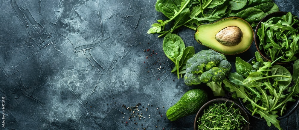 Poster an assortment of fresh green vegetables like avocado, lettuce, spinach, and arugula arranged on a ta