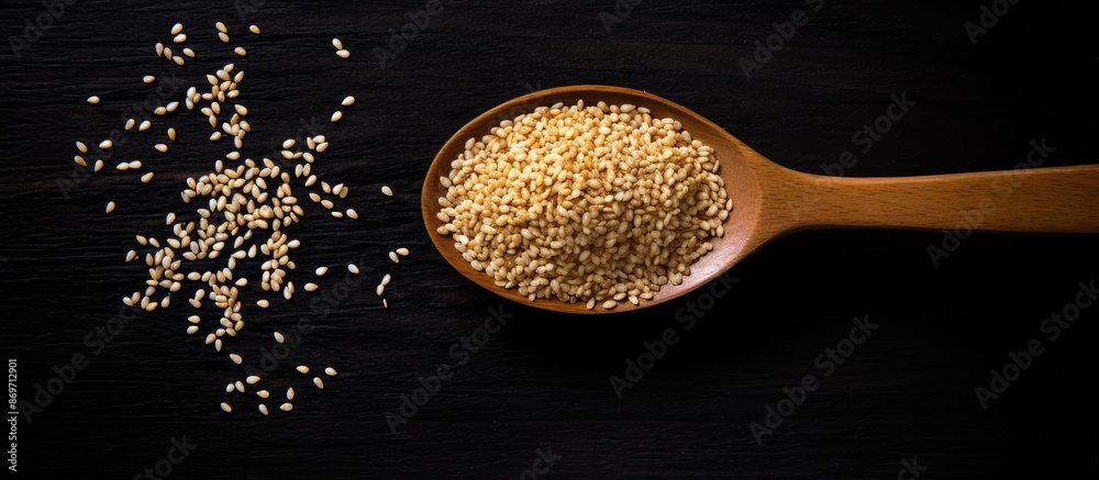 Poster Toasted organic sesame seeds in a wooden spoon on a black background. Close-up, top view flat lay with a natural light setting, highlighting the seeds. Ideal for adding text with copy space image.