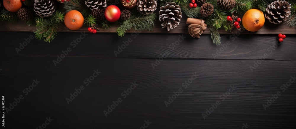 Aufkleber top-down view of a christmas and new year-themed black backdrop adorned with fir decorations, offeri
