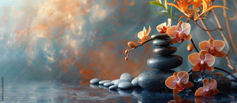 Poster asian alternative medicine is depicted in a serene spa setting featuring flowers, pebbles, and a tra