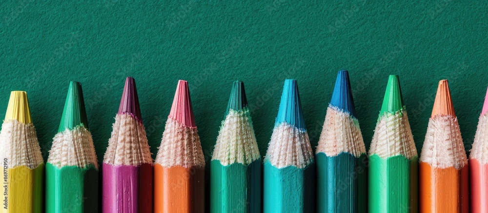 Poster wooden pencils with colored points are arranged in a row on a green background producing a vibrant a