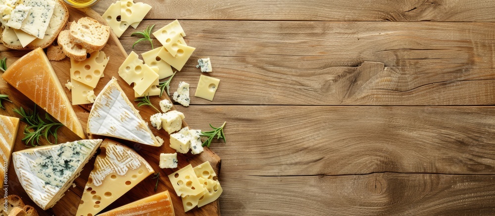 Poster Top-down view of cheese on a cutting board with ample space for additional images.
