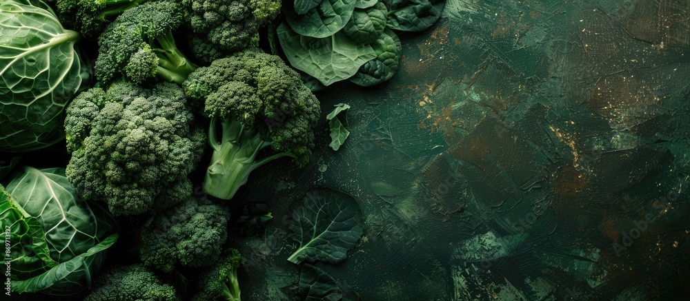 Poster Green broccoli featured in a menu concept with a fresh cabbage background, viewed from the top with space for additional images.