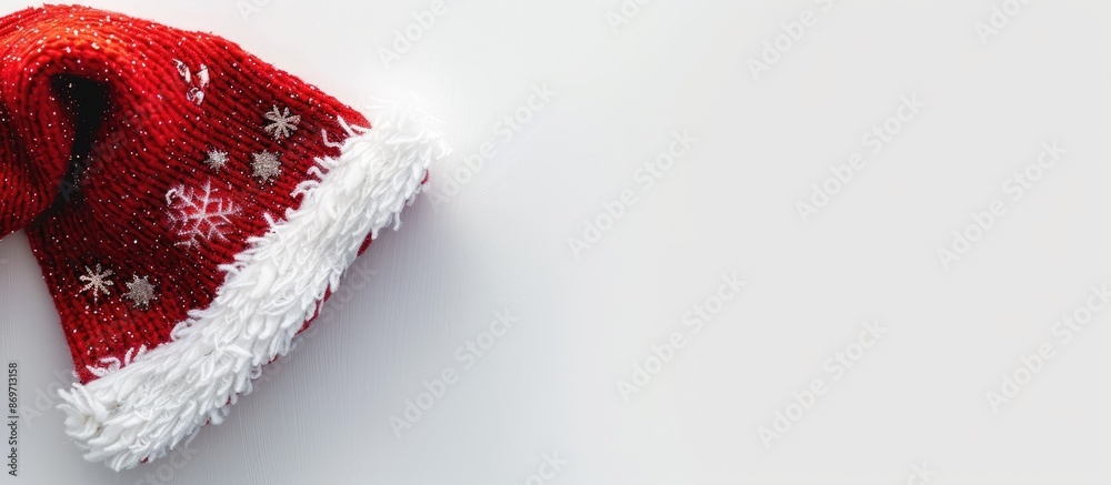 Poster high angle shot of a red christmas hat on a white background featuring copy space on the left side o