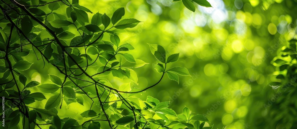 Poster summer forest backdrop with lush green tree branches, ideal for a copy space image.