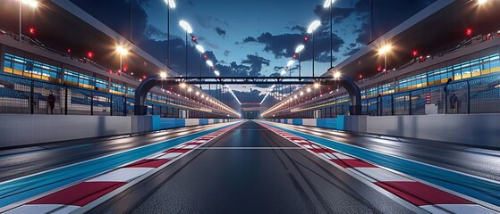 Empty pole position and racetrack finish line with steel gate and floodlights illuminated sport stadium at night Professional digital 3d illustration of racing sports