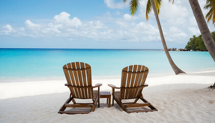 Two empty wooden beach chairs on a pristine white sandy beach with palm trees and turquoise waters, inviting relaxation and escape.