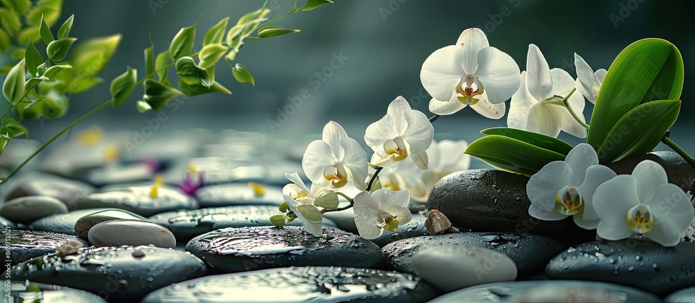 Poster asian alternative medicine is depicted in a serene spa setting featuring flowers, pebbles, and a tra