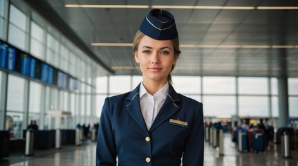 Confident young woman stewardess in uniform waiting