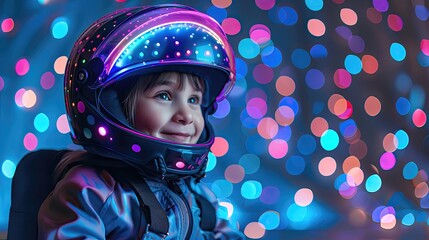 A young child is wearing a helmet and smiling