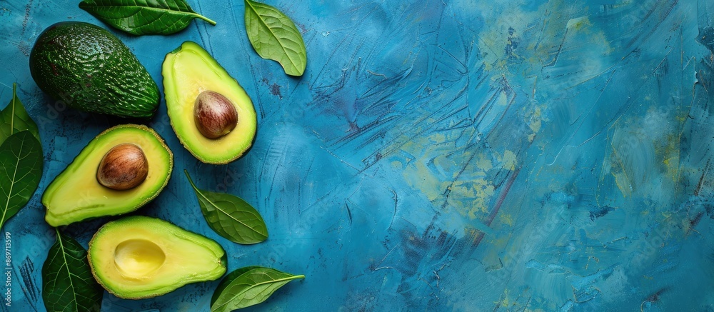 Poster avocado positioned on a blue wooden backdrop with space for text or design.