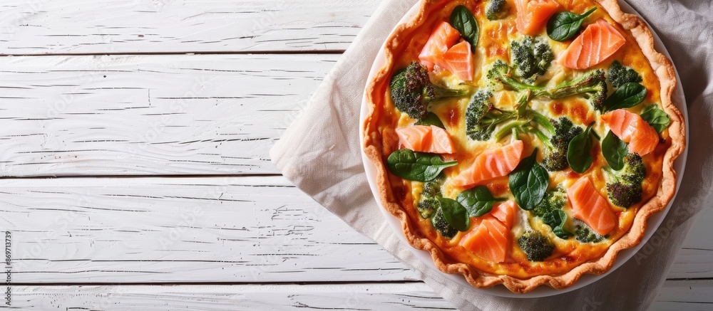 Poster top-down view of a quiche tart containing smoked salmon, broccoli, and spinach on a white wooden bac