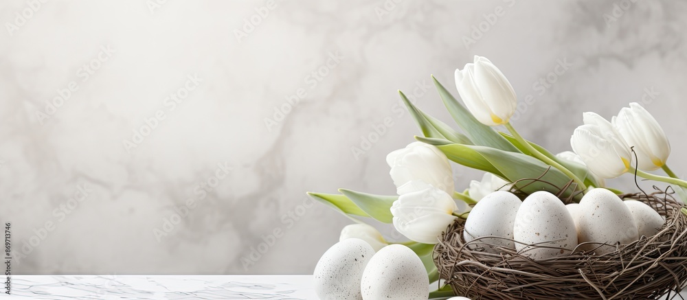 Aufkleber spring and easter theme displayed with gorgeous white tulips, vibrant quail eggs nestled in a nest, 