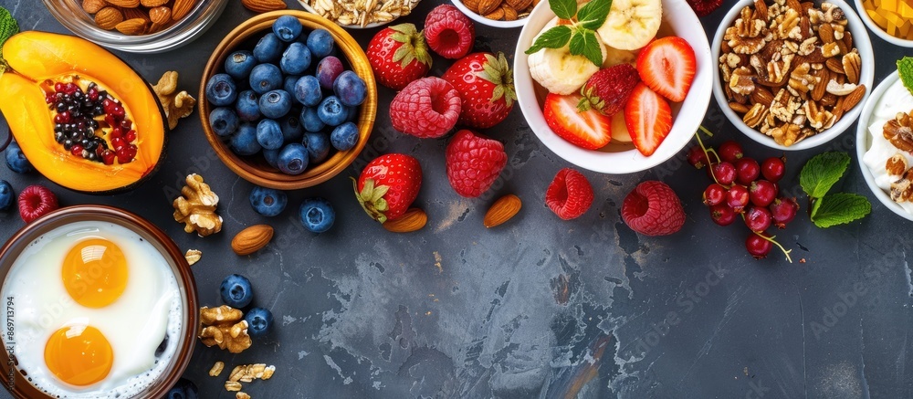 Poster a top view of a nutritious breakfast displayed on a grey backdrop, highlighting the combination of t