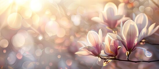 Blurred background creating a soft focus around a magnolia with copy space image.