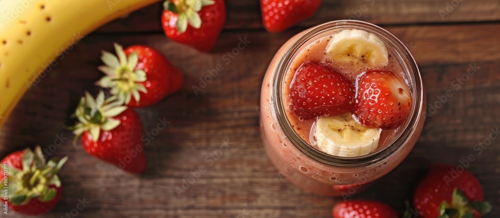 Aufkleber copy space image of a tasty homemade smoothie with strawberries and bananas in a jar on a wooden bac