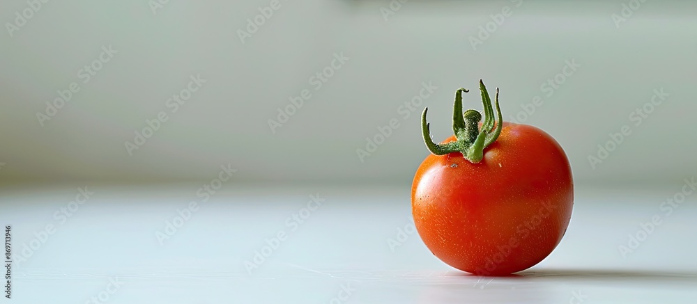 Poster Close-up view of a single red tomato on a white background with selective focus and copy space image available.