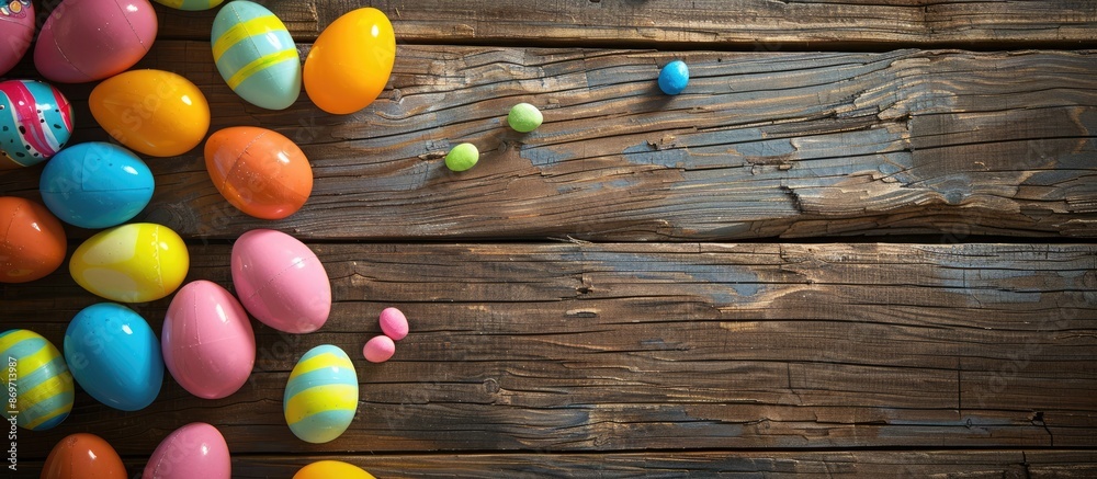 Aufkleber colorful plastic easter eggs displayed on a wooden background with space for your own image.