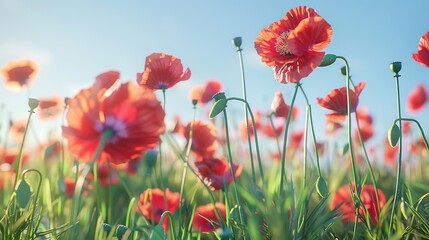 Obraz premium Vibrant red poppy flowers in a sunlit field. Beautiful close-up of delicate petals swaying in the breeze. Perfect for nature and floral themed projects. AI