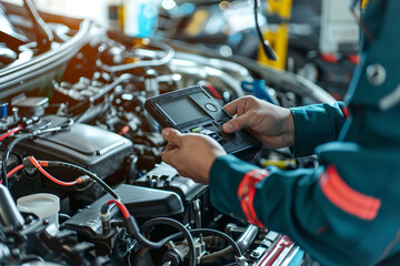 Obraz premium In a bustling car repair station, a close-up captures a skilled technician meticulously inspecting a vehicle