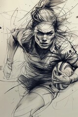 A powerful black and white sketch captures the action of a female rugby player, her form accentuated by bold scribbles and subtle gold accents,