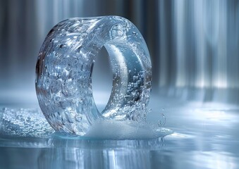 A close-up image of a frozen ring of water with air bubbles