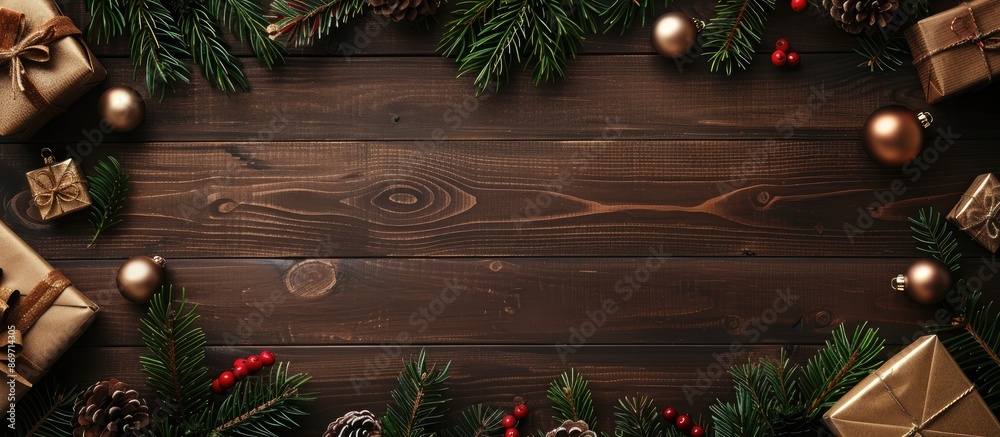 Leinwandbilder Wooden backgrounds featuring Christmas concepts arranged in a flat lay style, with ample copy space for personalized text or images.