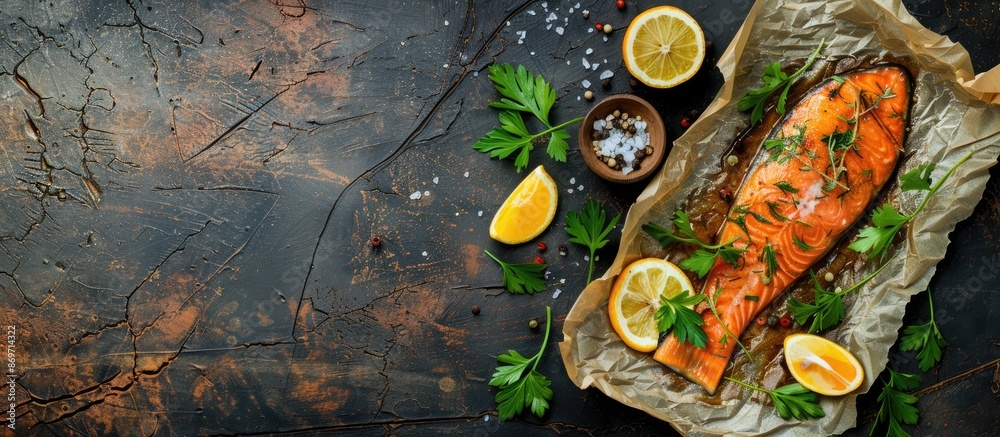 Poster Baked trout with a side of garnish and a blank copy space image.