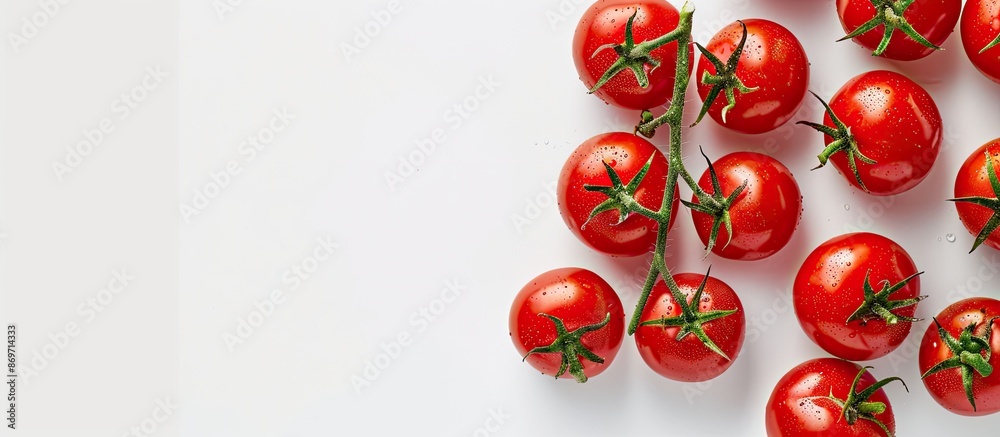 Poster fresh red tomatoes arranged with copy space image on a white background, showcasing their food compo