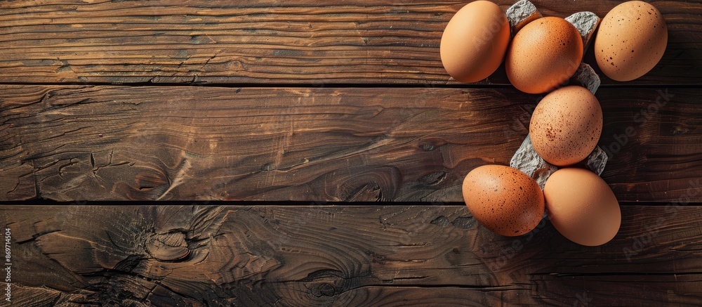 Poster wooden table background with eggs, copy space image.