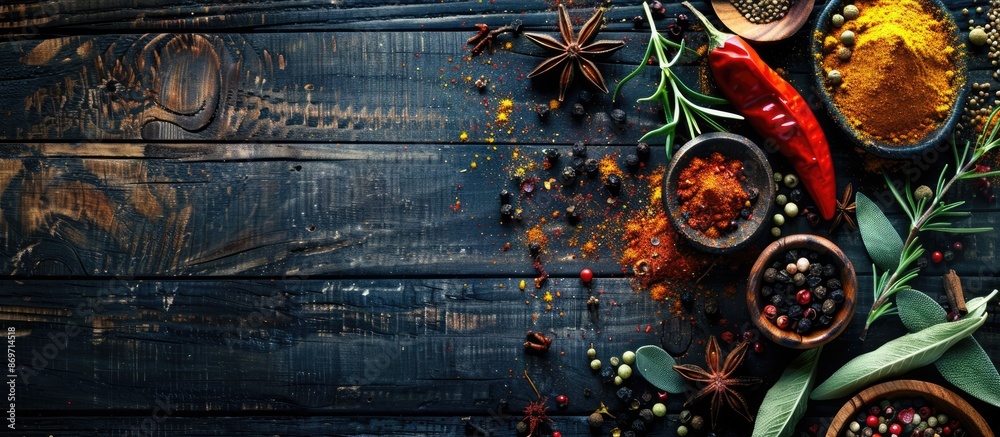 Poster various spices arranged on a dark wooden surface with copy space image.