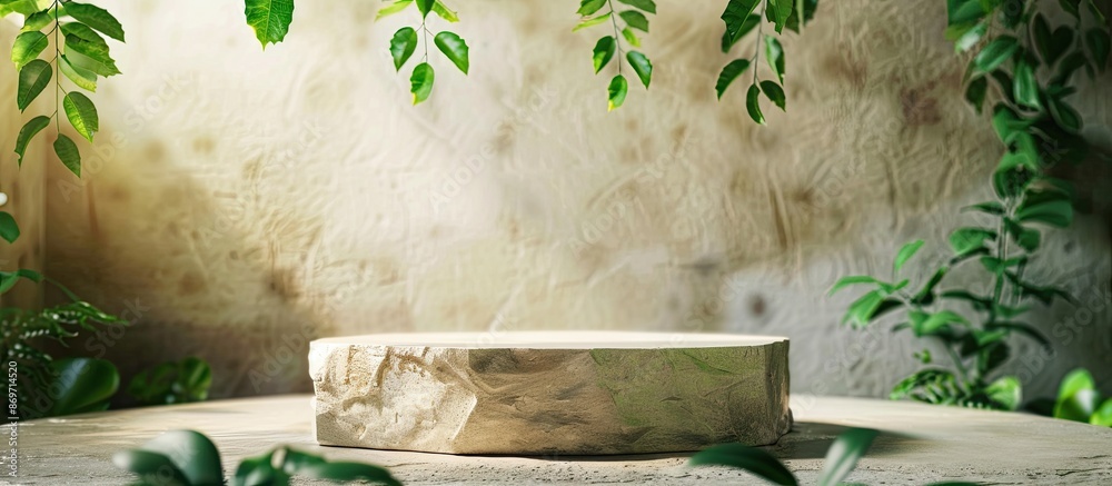 Aufkleber Stone podium with copy space image for product presentation surrounded by empty showcase adorned with green leaves.
