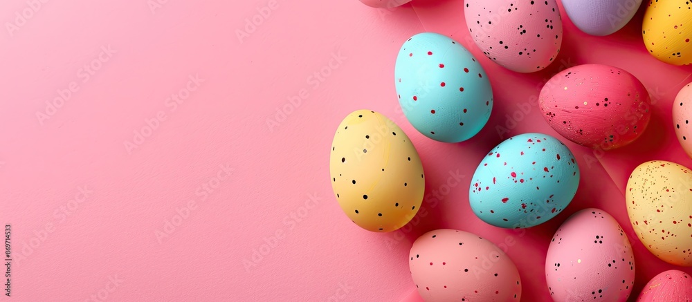 Poster Colorful Easter eggs on textured pink paper background with ample copy space image for text, captured from a top view in a flat lay style with a close-up shot.