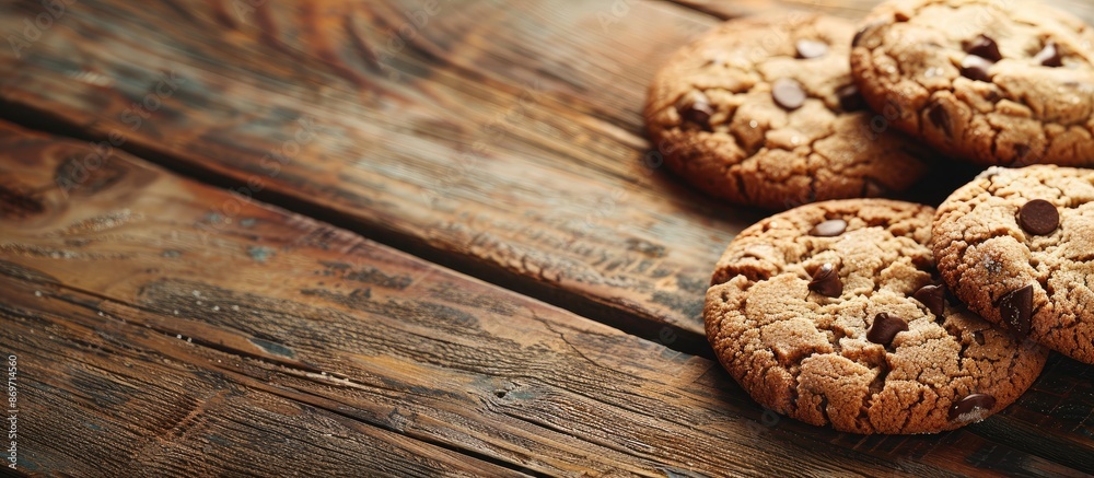 Poster A close-up of delicious cookies on a rustic wooden surface, with space for text or other elements in the image.