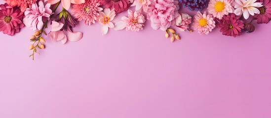 Fototapeta premium Various beautiful flowers displayed on a pink backdrop in a flat lay composition with an available copy space image.