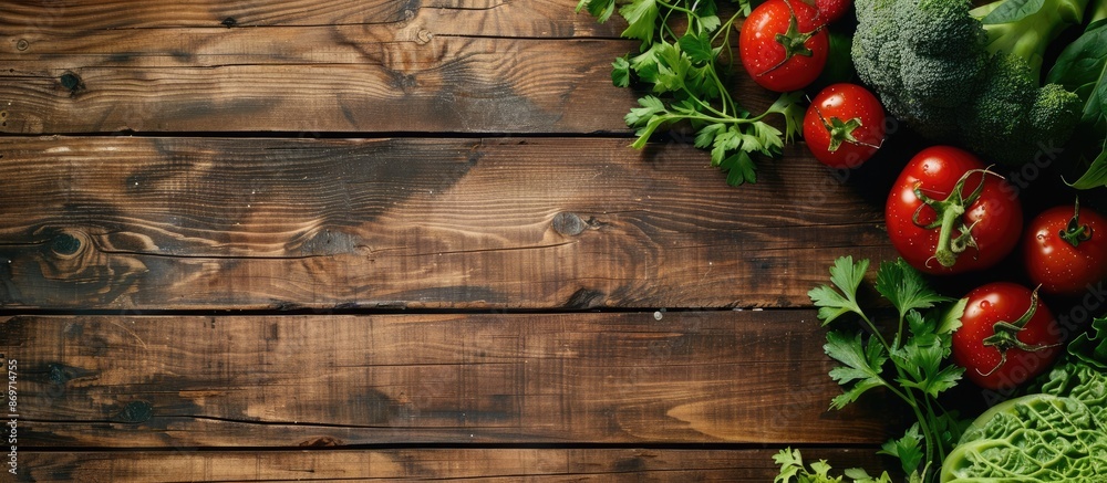 Aufkleber A variety of fresh vegetables displayed on a dark wooden surface with ample space for additional content or text insertion in the image.
