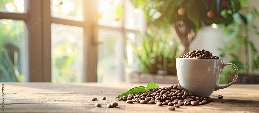 Aufkleber coffee cup filled with beans, milk, and tree on the table with a background featuring copy space ima