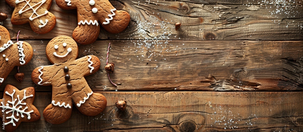 Poster Christmas homemade gingerbread cookies displayed on a rustic wooden table with a clear space for a copy space image.
