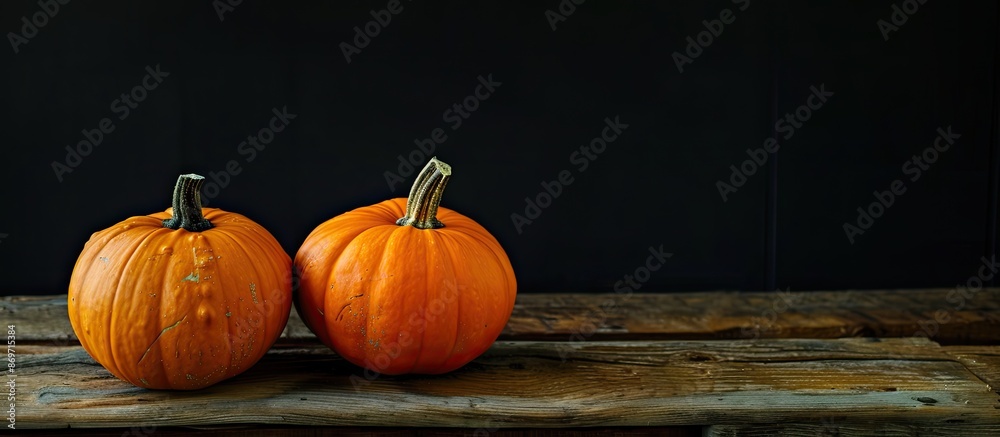 Poster halloween-themed image with two pumpkins displayed on a rustic wooden table against a black backdrop