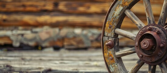 Obraz premium Detailed closeup of a wooden wagon wheel mounted on a hand cart with ample copy space image available.