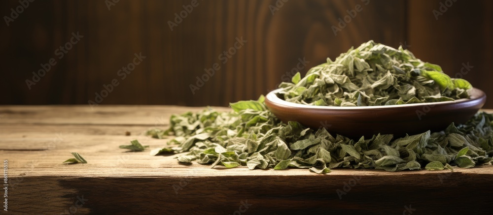 Poster Dried basil flakes stack on rustic wood, ideal as a background for a copy space image.