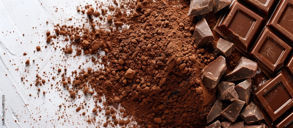Poster Capture a bird's eye view of delicious chocolate chunks and cocoa powder, with ample copy space image.