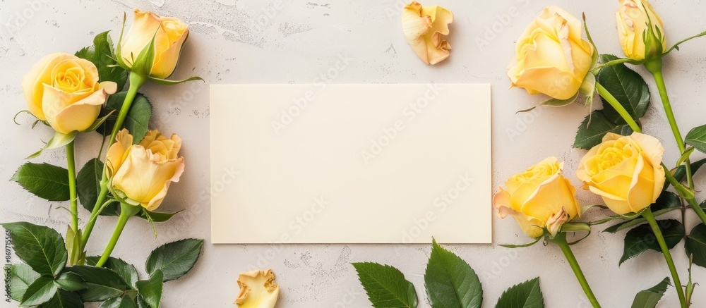 Poster yellow roses adorning a blank card set against a light grey background in a flat lay composition wit