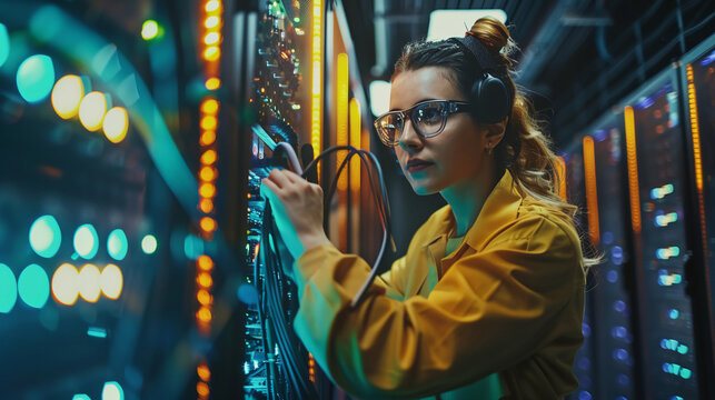  Woman, cable, and engineer investigate cloud computing in server room. IT, wire and technician in data center, networking in maintenance, or system admin cybersecurity 