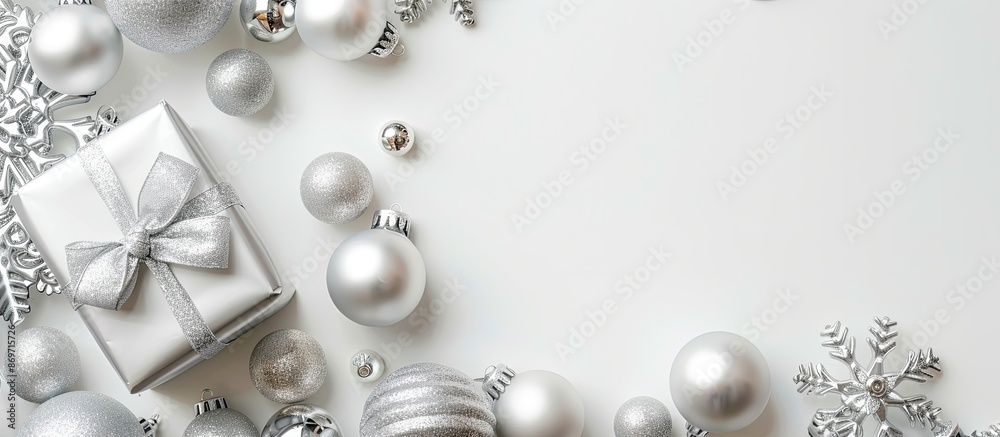 Poster top view of silver christmas decoration balls and a gift on a white background with a festive xmas p