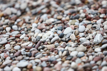 Close-up photo with small seaside rocks near Baltic Sea. Photo taken on a cloudy, gray tone day.