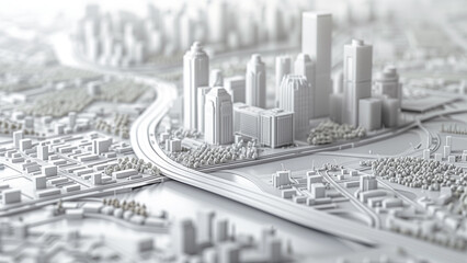 Futuristic 3D plan of a modern city in white.