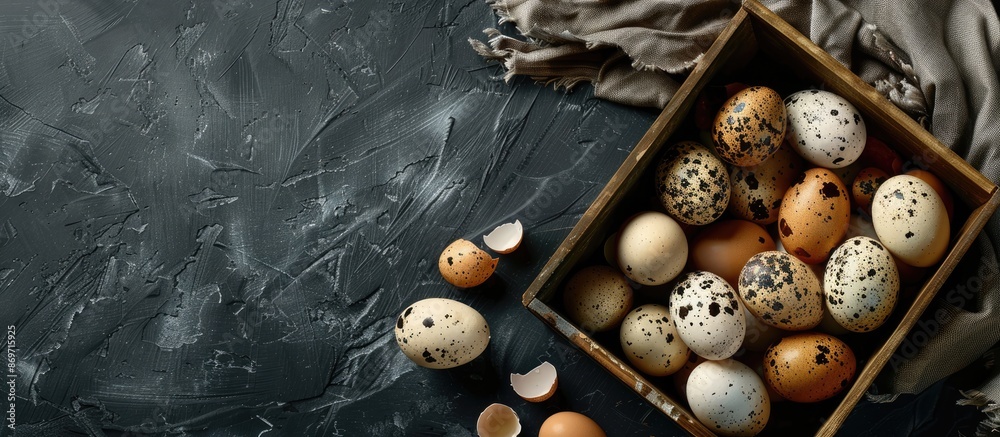Poster A box with chicken and quail eggs placed on a dark background, with ample copy space image incorporated.
