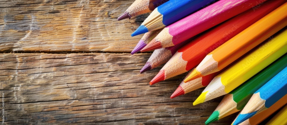 Poster Colorful pencils arranged on a desk with a blank area for additional content, such as text or images.