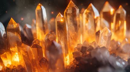 Crystals arranged in a sacred geometric pattern, glowing with energy, left third copy space